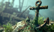 Sunken Rusty Anchor On The Ocean Floor. Anchor From A Pirate Ship.