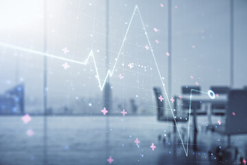 Poster - Abstract virtual heart pulse hologram on a modern coworking room background, online medical consulting concept. Multiexposure