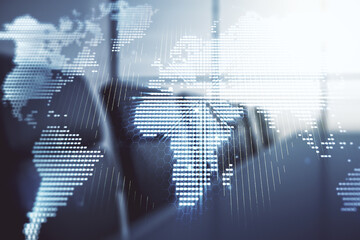 Poster - Multi exposure of abstract creative digital world map hologram on a modern meeting room background, research and analytics concept