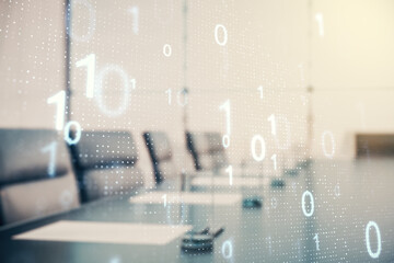 Aufkleber - Abstract virtual binary code sketch on a modern boardroom background, hacking and matrix concept. Multiexposure