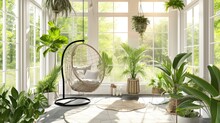 Interior Design Mock-up Of A Sunroom: Peaceful With Large Windows, A Hanging Chair, And A Variety Of Green Plants