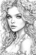 Portrait beautiful woman with flower in hair. For adult, children coloring book