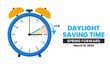 © Ardkyuu - Daylight Saving Time Begins. The clock turns one hour on March 10, 2024. Spring forward concept banner. Vector illustration