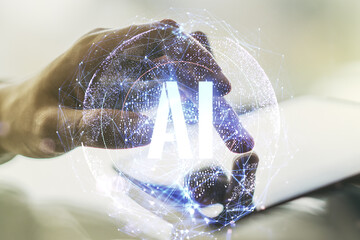 Poster - Creative artificial Intelligence symbol concept with finger presses on a digital tablet on background. Double exposure