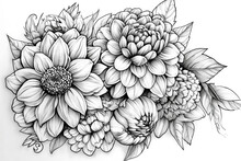 Coloring Book Flowers Doodle Style Black Outline. Line Art Floral Black And White Background