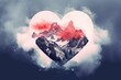 Double exposure heart with love for mountains poster on a Valentine's Day background. Generative AI