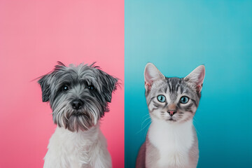 Image split on two. On one side on pastel pink background there is a dog . On another side on pastel blue background is a cat .