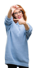 Sticker - Young beautiful woman over isolated background wearing winter sweater smiling making frame with hands and fingers with happy face. Creativity and photography concept.