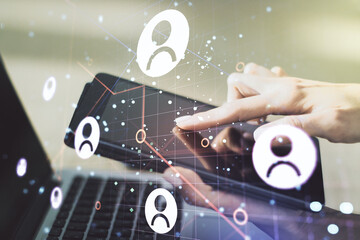 Poster - Social network media concept with finger presses on a digital tablet on background. Double exposure