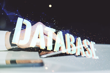 Poster - Double exposure of Database word sign with finger clicks on a digital tablet on background, global research and analytics concept