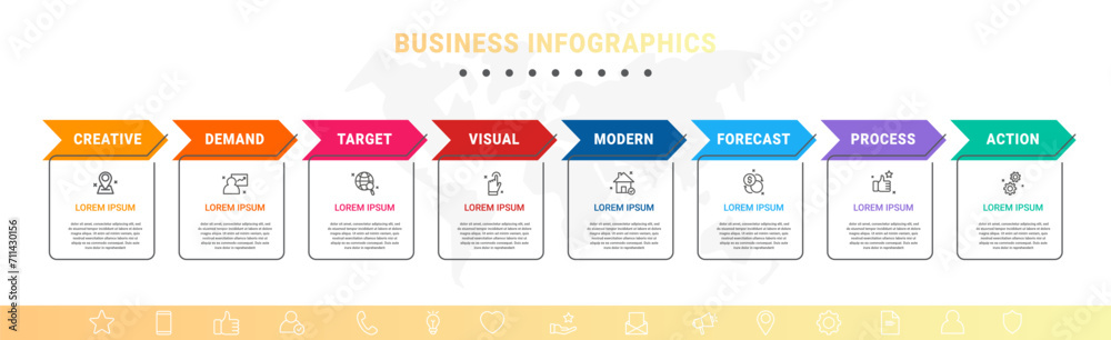 glossy button timeline with business icons and arrow... Vector concept of infographics with arrow business model for eight ...