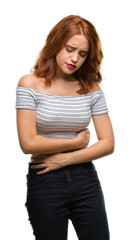 Sticker - Young beautiful woman over isolated background with hand on stomach because nausea, painful disease feeling unwell. Ache concept.