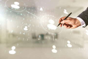 Aufkleber - Double exposure of businessman hand with pen working with social network icons on blurred office background. Networking concept