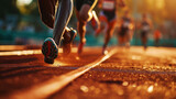 Fototapeta  - Close-up of strong athletic legs running a marathon. Professional sprinters. Sport concept. Generative AI