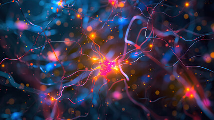 Wall Mural - Synaptic Spark: An abstract background that visualizes the firing of synapses in the brain, with pulsating sparks of electric colors and neural networks, representing the complexity of thought