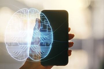 Aufkleber - Double exposure of creative artificial Intelligence symbol and hand with cell phone on background. Neural networks and machine learning concept