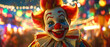 Portrait of a funny clown in an amusement park or circus, web banner
