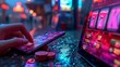 Illustration for online casino, pokies, gambling industry. Banner for App, mobile, desktop, tablet. Casino market, developers, concept. AI image	