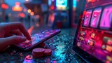 Fototapeta Dinusie - Illustration for online casino, pokies, gambling industry. Banner for App, mobile, desktop, tablet. Casino market, developers, concept. AI image	