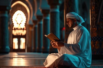 Wall Mural - Arab man reads Quran in mosque during Ramadan.