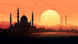 background of the silhouette of a magnificent mosque in the desert at sunset