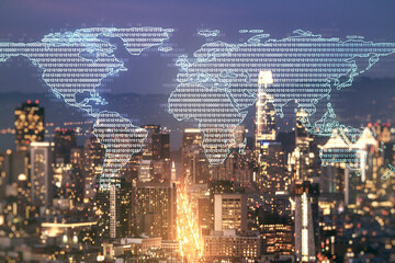 Aufkleber - Multi exposure of abstract creative digital world map hologram on San Francisco city skyline background, tourism and traveling concept