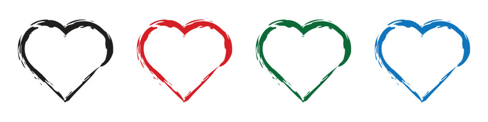 Poster - heart shape icons set . Black Red Green Blue love symbol on transparent background. paint brush drawn shape vector illustration.