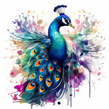 Beautiful Peacock Watercolor Illustration For Wallpaper, Sublimation, Poster Design