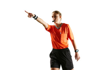Wall Mural - Precision in play. Accuracy of a young female referee on the field, blowing whistle and gesturing against white studio background. Game rules control. Concept of sport, competition, match, profession