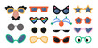 Big set of different colorful cute glasses. Party sunglasses in flat style. Festive funny accessories