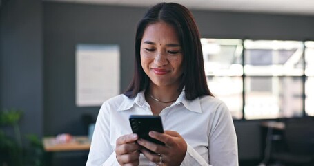 Aufkleber - Phone, networking and business woman in the office browsing on social media or the internet. Smile, research and professional Asian female person scroll on mobile app with cellphone in workplace.