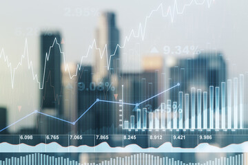 Poster - Abstract virtual financial graph hologram on blurry skyscrapers background, financial and trading concept. Multiexposure