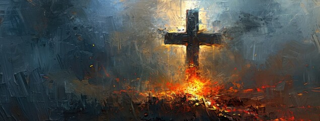 A cross being destroyed by light and fire