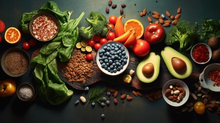 Wall Mural - Food background. Vegetables, fruits and nuts on table.