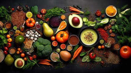 Wall Mural - Food background. Vegetables, fruits and nuts on table.