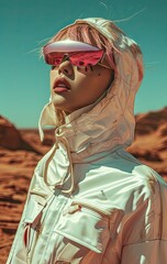 Wall Mural - A model wearing a white futuristic outfit with a pink eyeglasses, a big wig and a pair of sunglasses