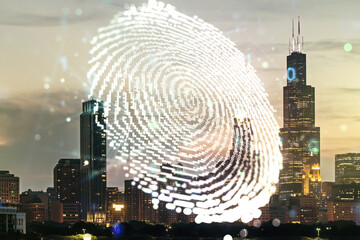 Poster - Multi exposure of virtual graphic fingerprint sketch on Chicago cityscape background fingerprint scan data concept