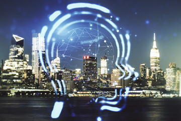 Poster - Abstract virtual artificial Intelligence interface with human head hologram on New York city skyline background. Multiexposure