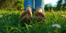 Barefoot Tranquility In Lush Grass. Female Bare Feet Resting On A Vibrant Green Lawn Dappled With Sunlight, Relaxation And Connection With Nature, Daisy Flowers.