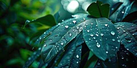 Wall Mural - Nature elixir. Captivating image of morning dew adorning vibrant green leaf perfectly capturing essence of freshness and purity ideal addition to nature macro and environmental collections