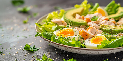 Wall Mural - salad with lettuce, avocado and chicken, egg and mayonnaise sauce on a marble table.