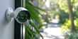 Modern Home Security CCTV Camera. Close-up of a modern CCTV camera mounted on a home's exterior wall for security surveillance, with a residential background.