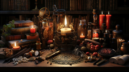 Wiccan symbols and tools on the table indoor.