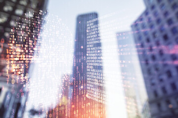 Poster - Double exposure of abstract virtual creative code skull hologram on modern skyscrapers background. Malware and cyber crime concept