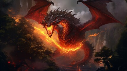  An intricately depicted fire dragon soaring over a dense forest, flames dancing from its maw, capturing the creature's power - Generative AI