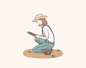 Wall Mural - farmer woman working with tablet on field. hand drawn style vector design illustrations.