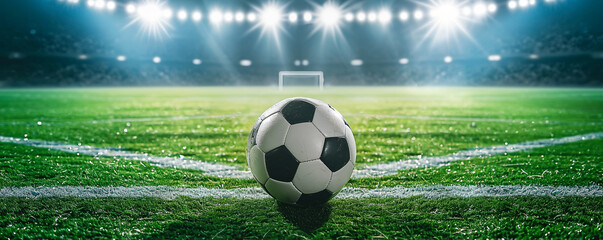 Soccer ball on a stadium with lights. Classic black and white soccer ball on green grass in the center of the stadium