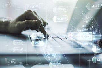 Poster - Double exposure of abstract programming language hologram with world map and hands typing on laptop on background, research and development concept