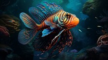 An Intricately Detailed Depiction Of A Mandarinfish Amidst Coral Reefs, Showcasing Its Vibrant Colors And Intricate Patterns - Generative AI