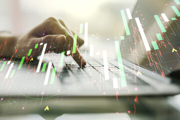 Poster - Double exposure of abstract creative financial chart with hand typing on computer keyboard on background, research and strategy concept